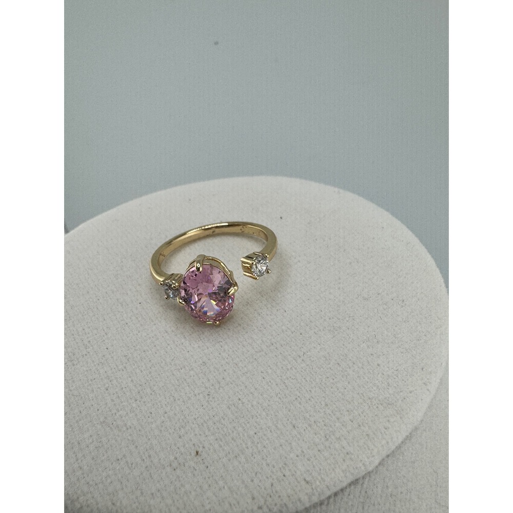 Gold Tone Pink Oval Stone Bypass Ring with Clear Accents Open Band Wrap Style - Picture 1 of 3